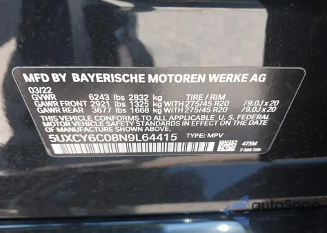 2022 BMW X6 xDrive40I z USA, uszkodzony, nr VIN 5UXCY6C08N9L64415